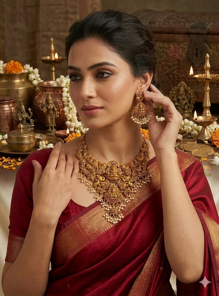 Ornate temple gold necklace and earrings