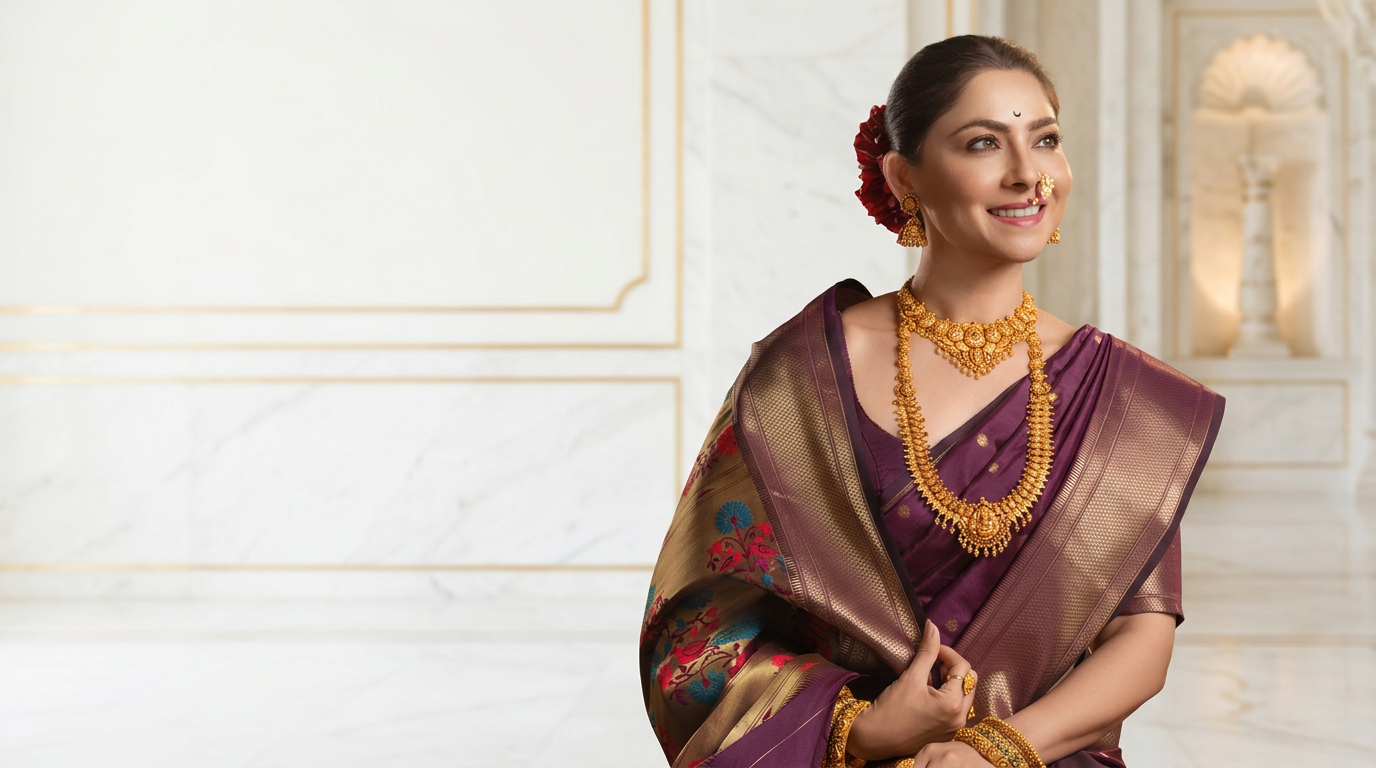 Woman wearing traditional gold necklaces and a purple silk sari in a white heritage interior